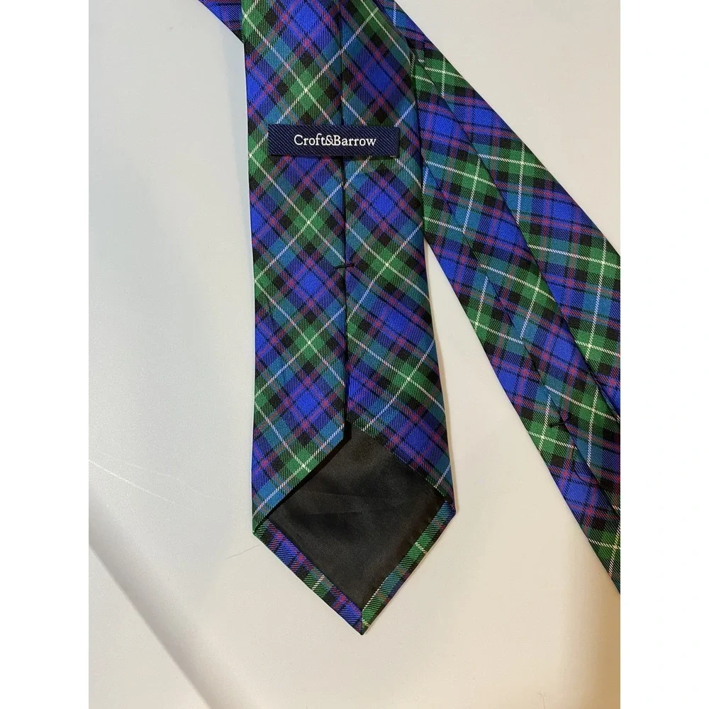 Croft‎ & Barrow Mens Classic 100% Silk NeckTie Plaid Tartan Blue Green - Picture 3 of 7